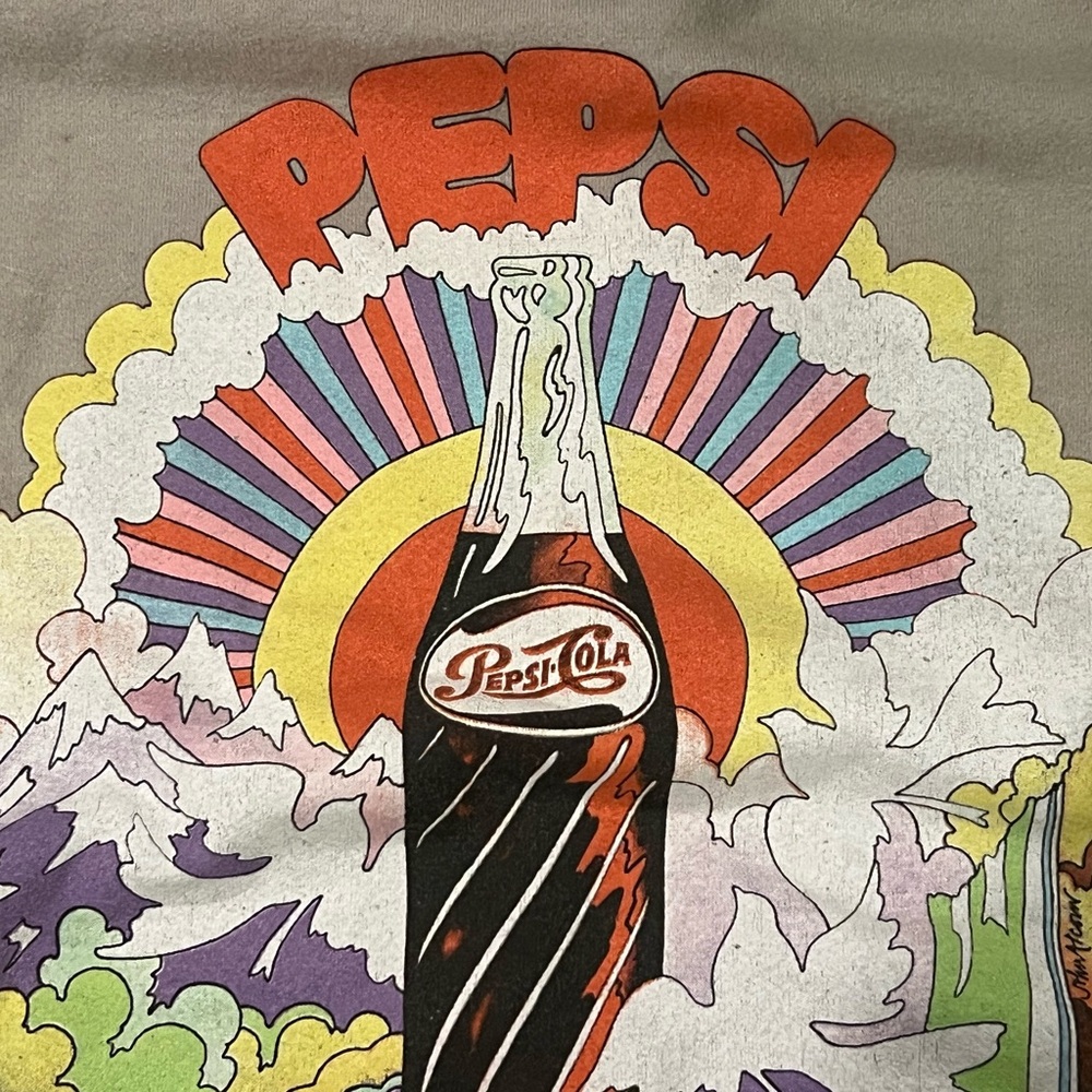 Vintage Style Pepsi Sweatshirt Bottle Mountains Sunrise 🌅 Peace Doves Tan Large